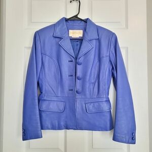 Vintage 100% Leather Royal Blue Blazer Pockets Button Up Jacket Size 4 Petite